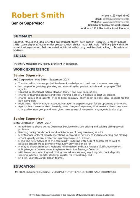 Senior Supervisor Resume Samples .